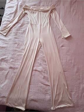 Oh Polly Off-Shoulder Wide-Leg Jumpsuit in Light Beige